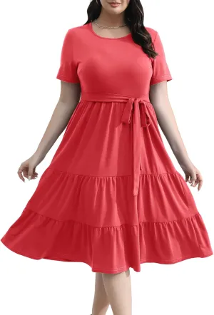 Plus Size Elegant Floral Dresses for Women 2025 Midi Tiered Flowy Belted Modest Wedding Guest Dress with Pockets