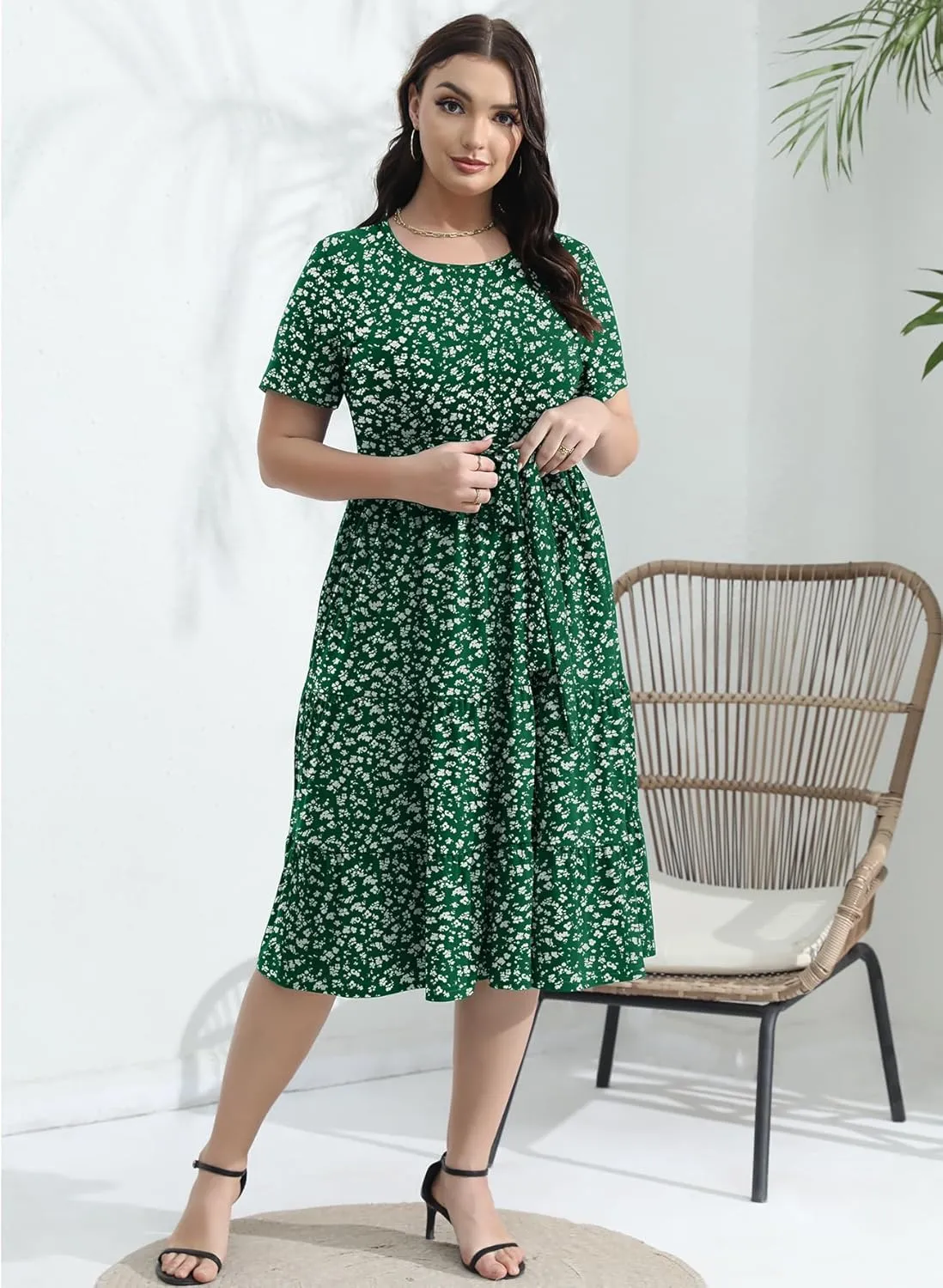Plus Size Elegant Floral Dresses for Women 2025 Midi Tiered Flowy Belted Modest Wedding Guest Dress with Pockets