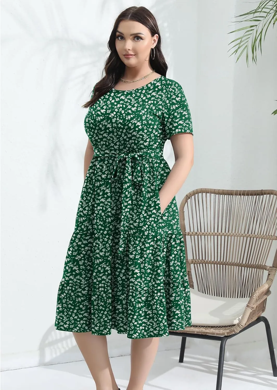 Plus Size Elegant Floral Dresses for Women 2025 Midi Tiered Flowy Belted Modest Wedding Guest Dress with Pockets