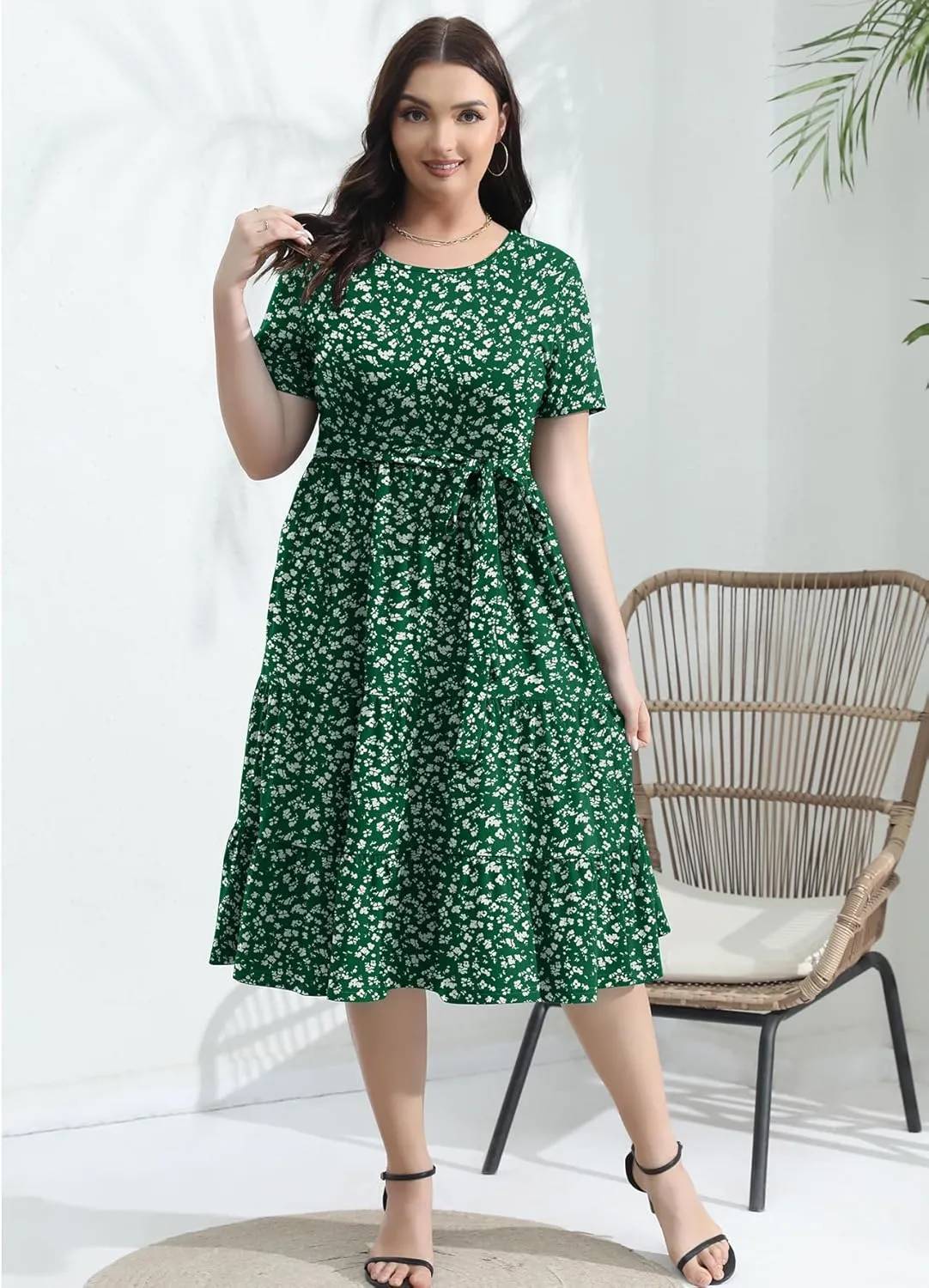 Plus Size Elegant Floral Dresses for Women 2025 Midi Tiered Flowy Belted Modest Wedding Guest Dress with Pockets