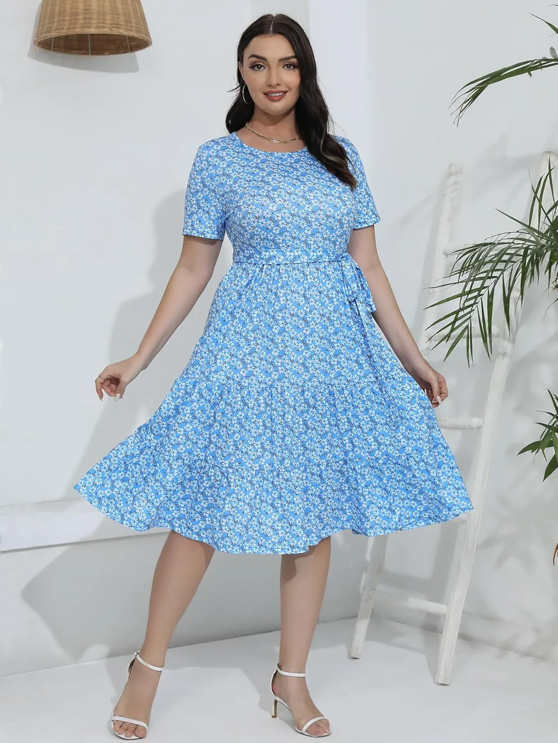 Plus Size Elegant Floral Dresses for Women 2025 Midi Tiered Flowy Belted Modest Wedding Guest Dress with Pockets