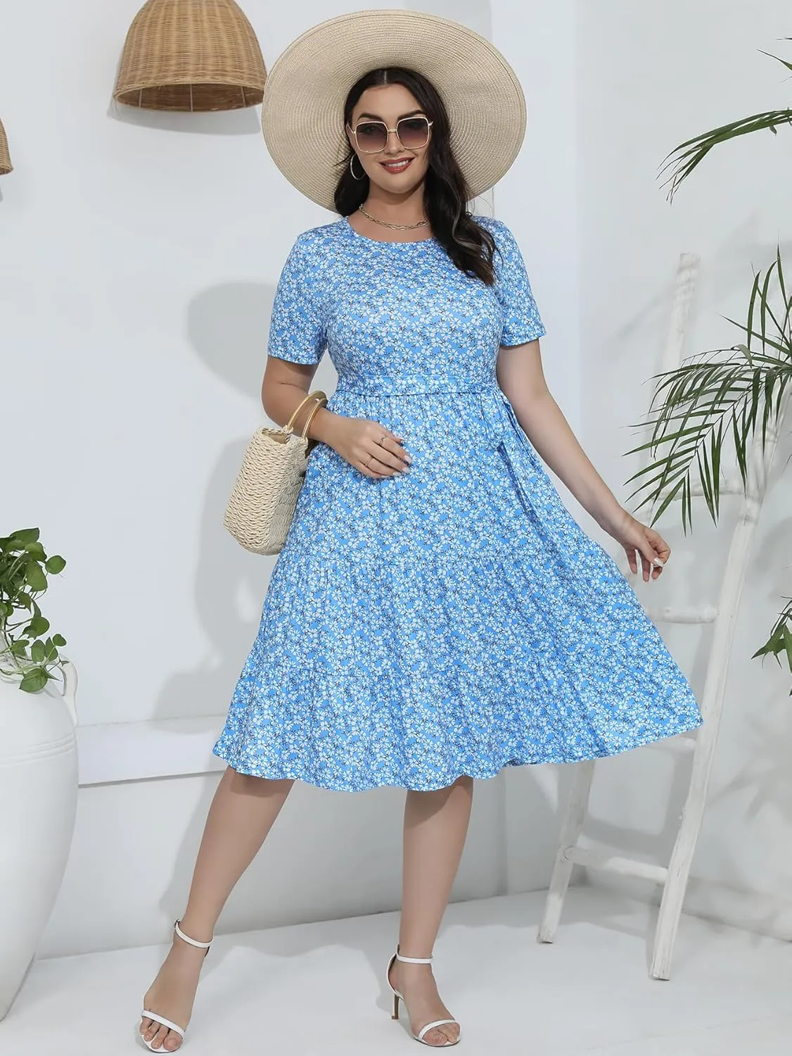 Plus Size Elegant Floral Dresses for Women 2025 Midi Tiered Flowy Belted Modest Wedding Guest Dress with Pockets