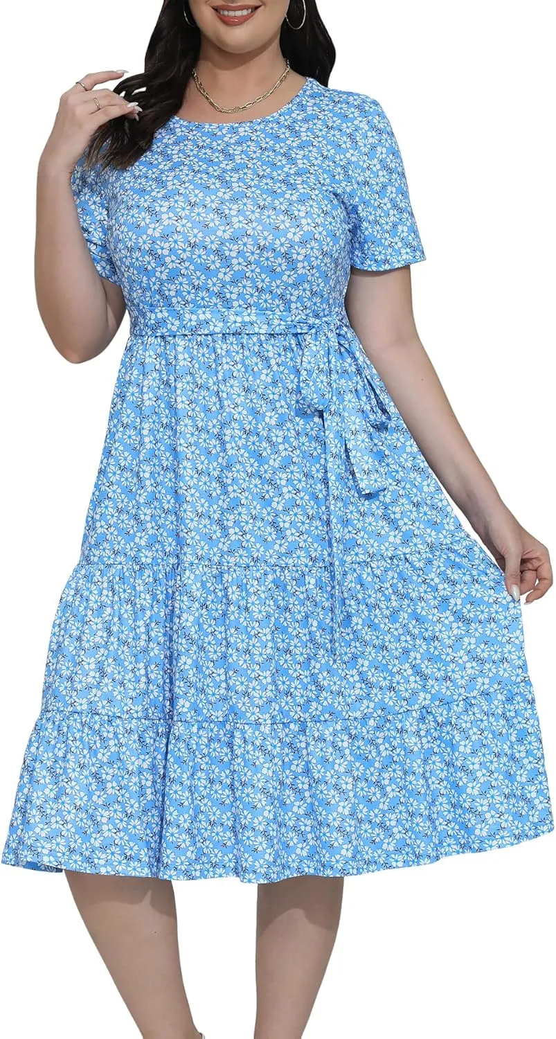 Plus Size Elegant Floral Dresses for Women 2025 Midi Tiered Flowy Belted Modest Wedding Guest Dress with Pockets