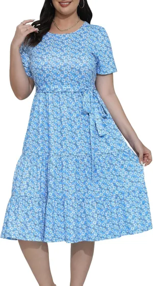 Plus Size Elegant Floral Dresses for Women 2025 Midi Tiered Flowy Belted Modest Wedding Guest Dress with Pockets