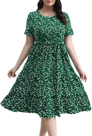 Plus Size Elegant Floral Dresses for Women 2025 Midi Tiered Flowy Belted Modest Wedding Guest Dress with Pockets