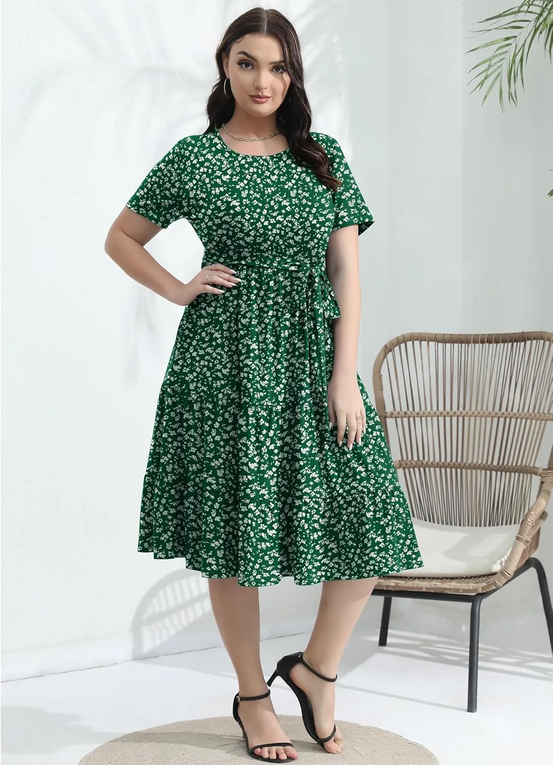 Plus Size Elegant Floral Dresses for Women 2025 Midi Tiered Flowy Belted Modest Wedding Guest Dress with Pockets