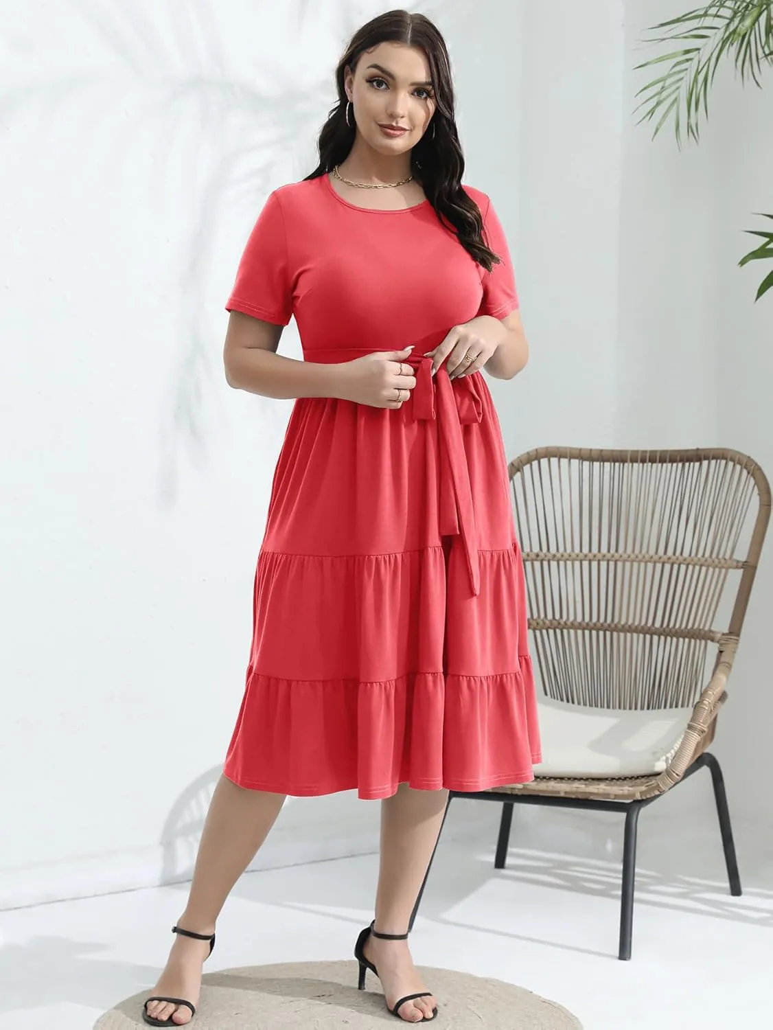 Plus Size Elegant Floral Dresses for Women 2025 Midi Tiered Flowy Belted Modest Wedding Guest Dress with Pockets