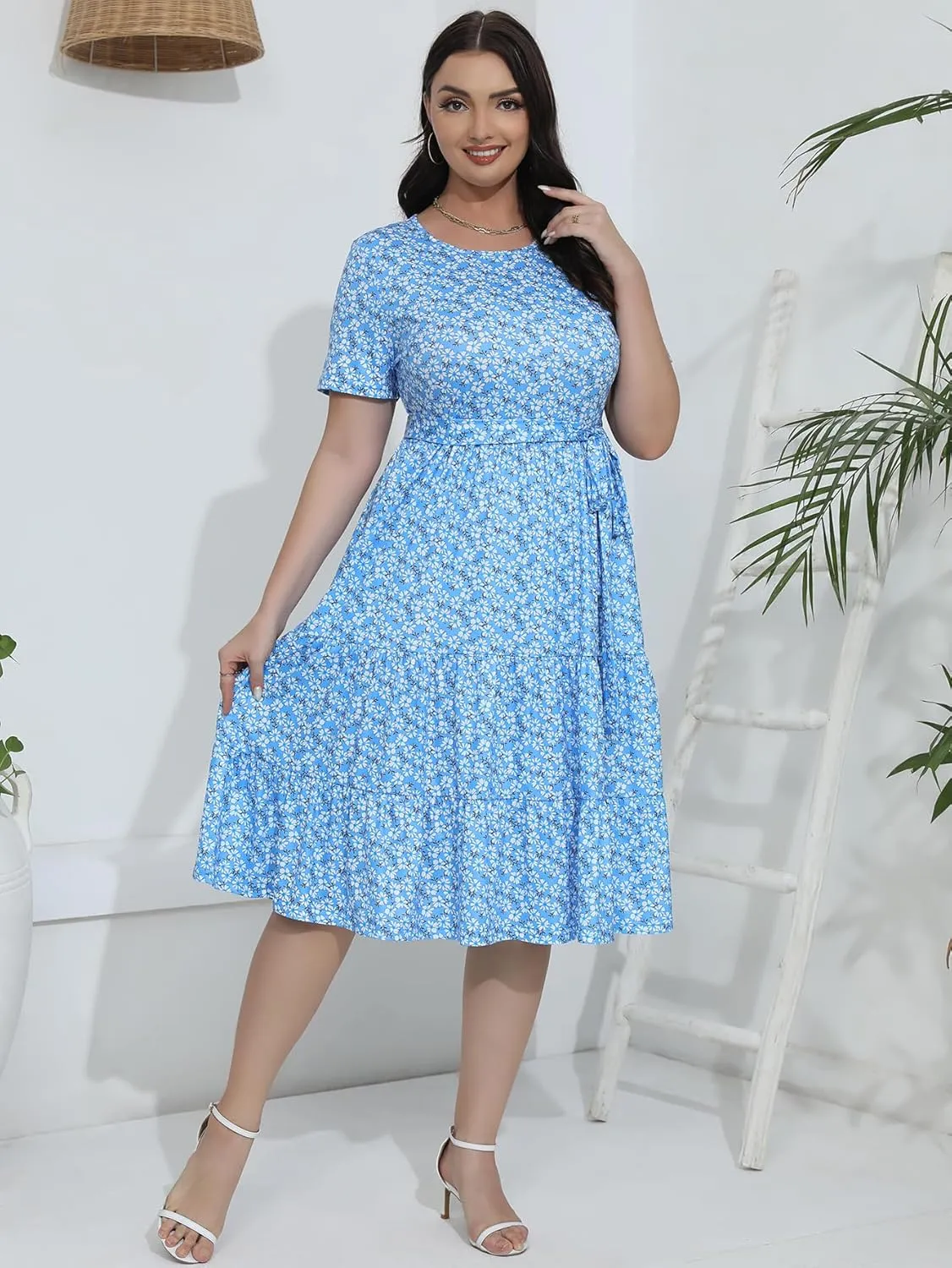 Plus Size Elegant Floral Dresses for Women 2025 Midi Tiered Flowy Belted Modest Wedding Guest Dress with Pockets