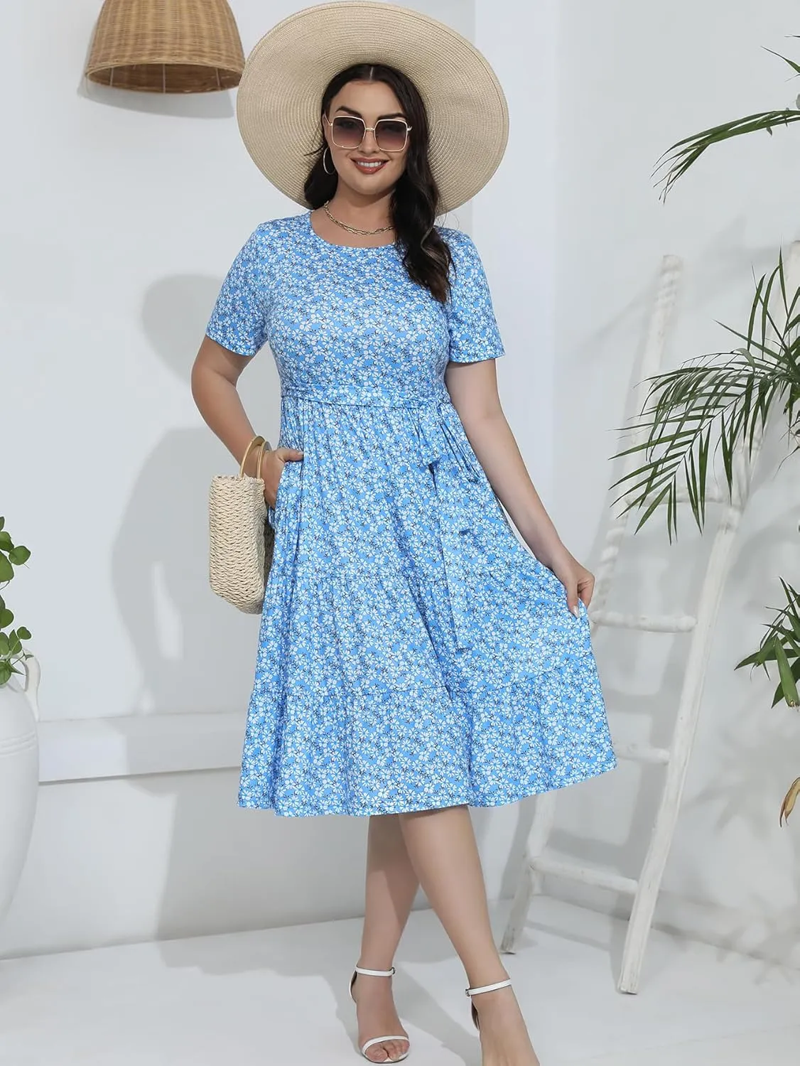 Plus Size Elegant Floral Dresses for Women 2025 Midi Tiered Flowy Belted Modest Wedding Guest Dress with Pockets