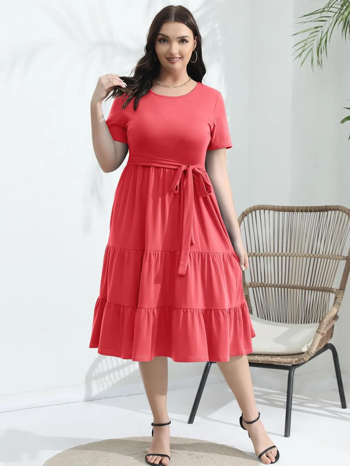 Plus Size Elegant Floral Dresses for Women 2025 Midi Tiered Flowy Belted Modest Wedding Guest Dress with Pockets