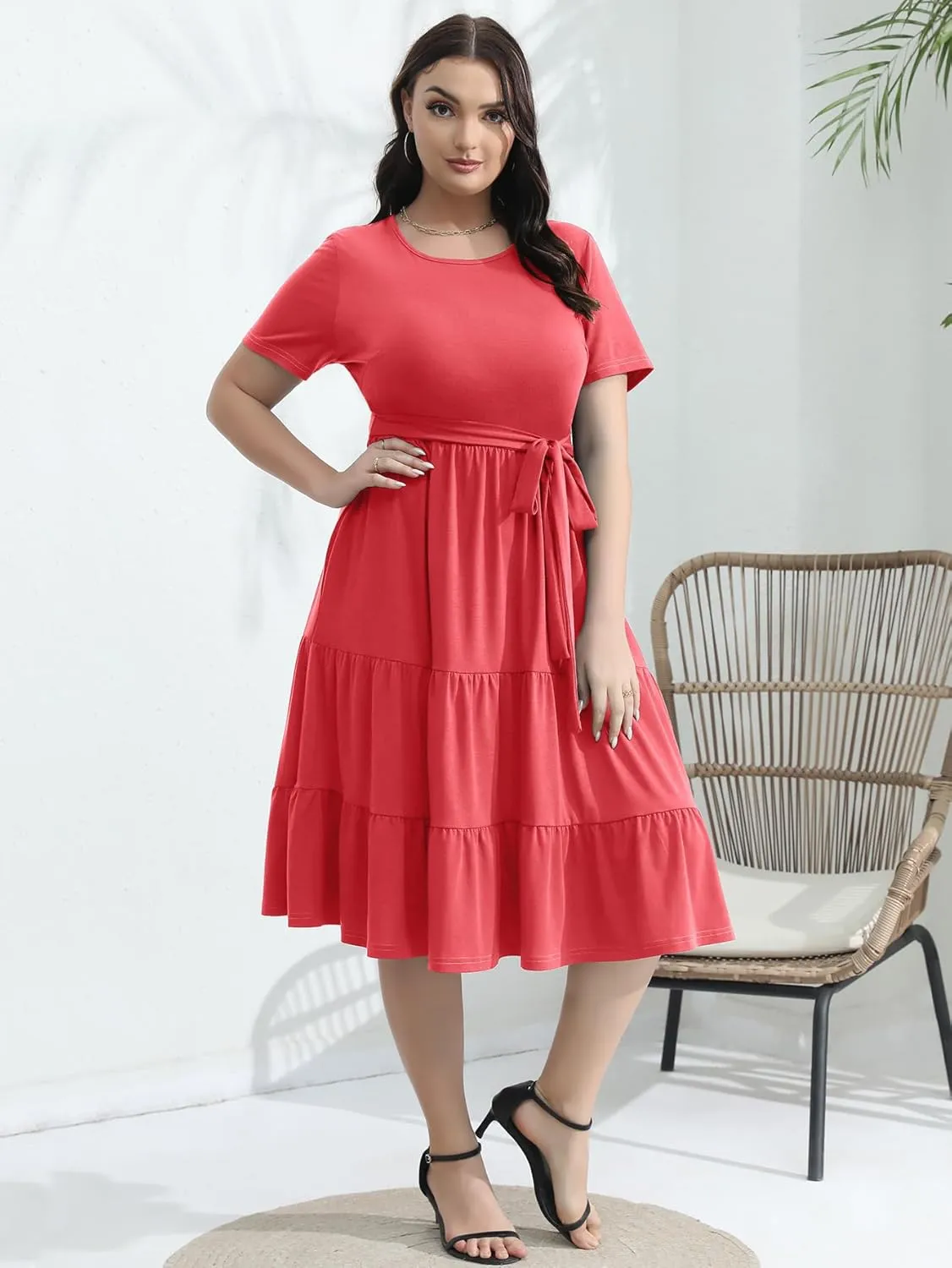 Plus Size Elegant Floral Dresses for Women 2025 Midi Tiered Flowy Belted Modest Wedding Guest Dress with Pockets