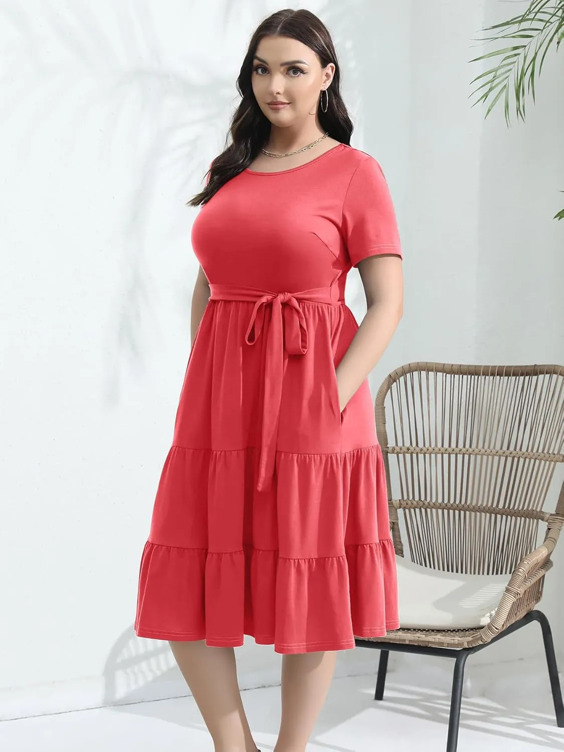 Plus Size Elegant Floral Dresses for Women 2025 Midi Tiered Flowy Belted Modest Wedding Guest Dress with Pockets