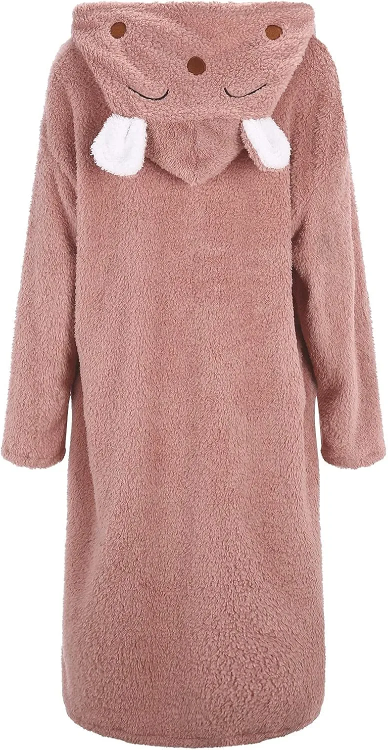 Plush Fleece Hooded Bathrobe Ear Hooded Flannel Bathrobe Soft And Warm Double-Faced Velvet Pajamas Casual Loungewear