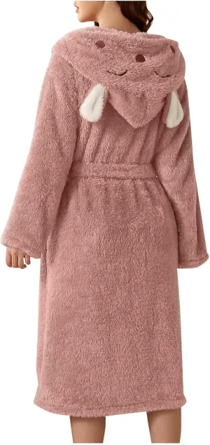 Plush Fleece Hooded Bathrobe Ear Hooded Flannel Bathrobe Soft And Warm Double-Faced Velvet Pajamas Casual Loungewear