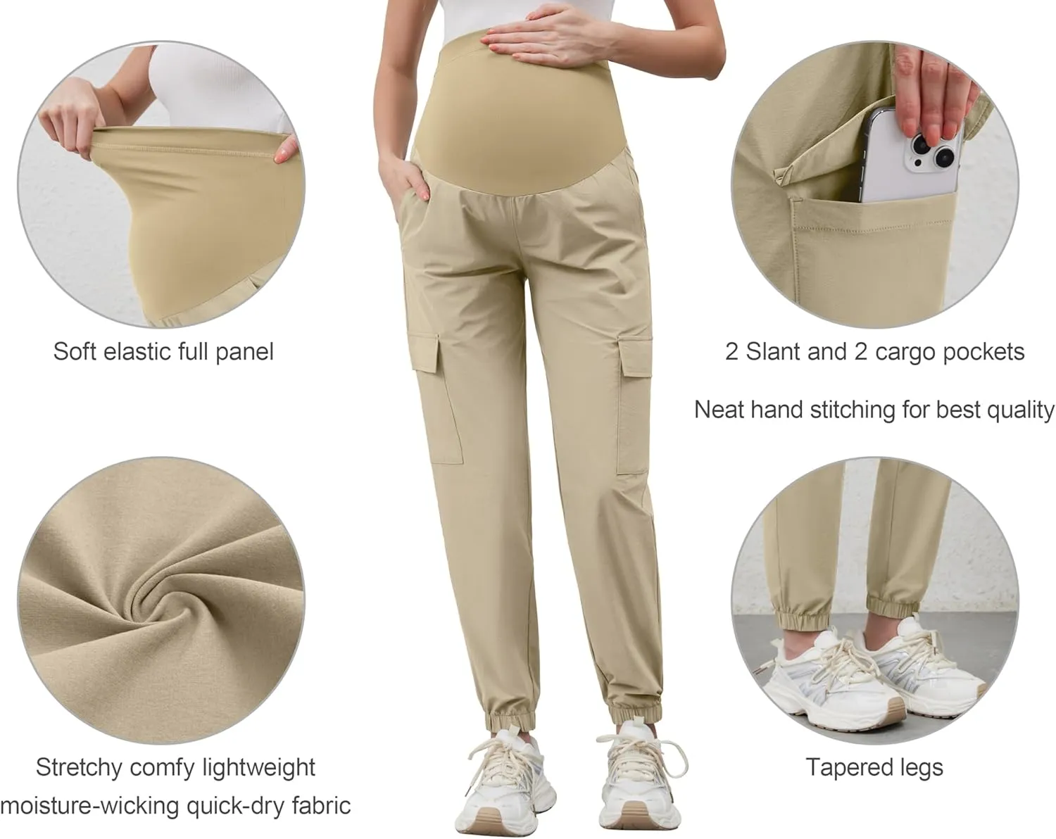 POSHGLAM Maternity Cargo Joggers Quick-Dry Lightweight Casual Lounge Hiking Active Pants