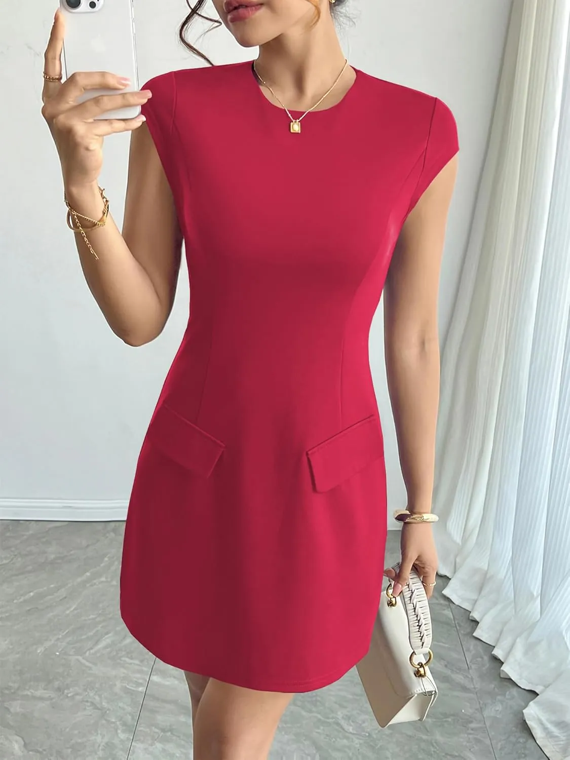 RANPHEE Women's Elegant Crew Neck Cap Sleeve Pencil Dress Ladies Spring Summer Semi Formal Graduation Party Dresses