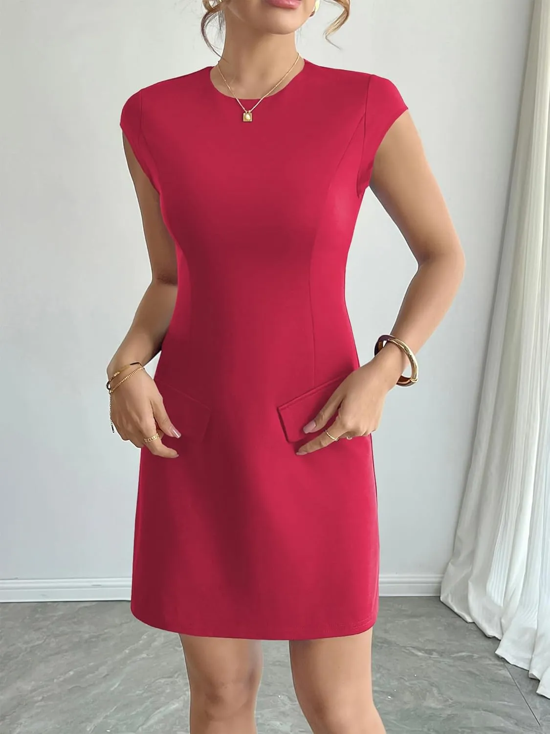 RANPHEE Women's Elegant Crew Neck Cap Sleeve Pencil Dress Ladies Spring Summer Semi Formal Graduation Party Dresses