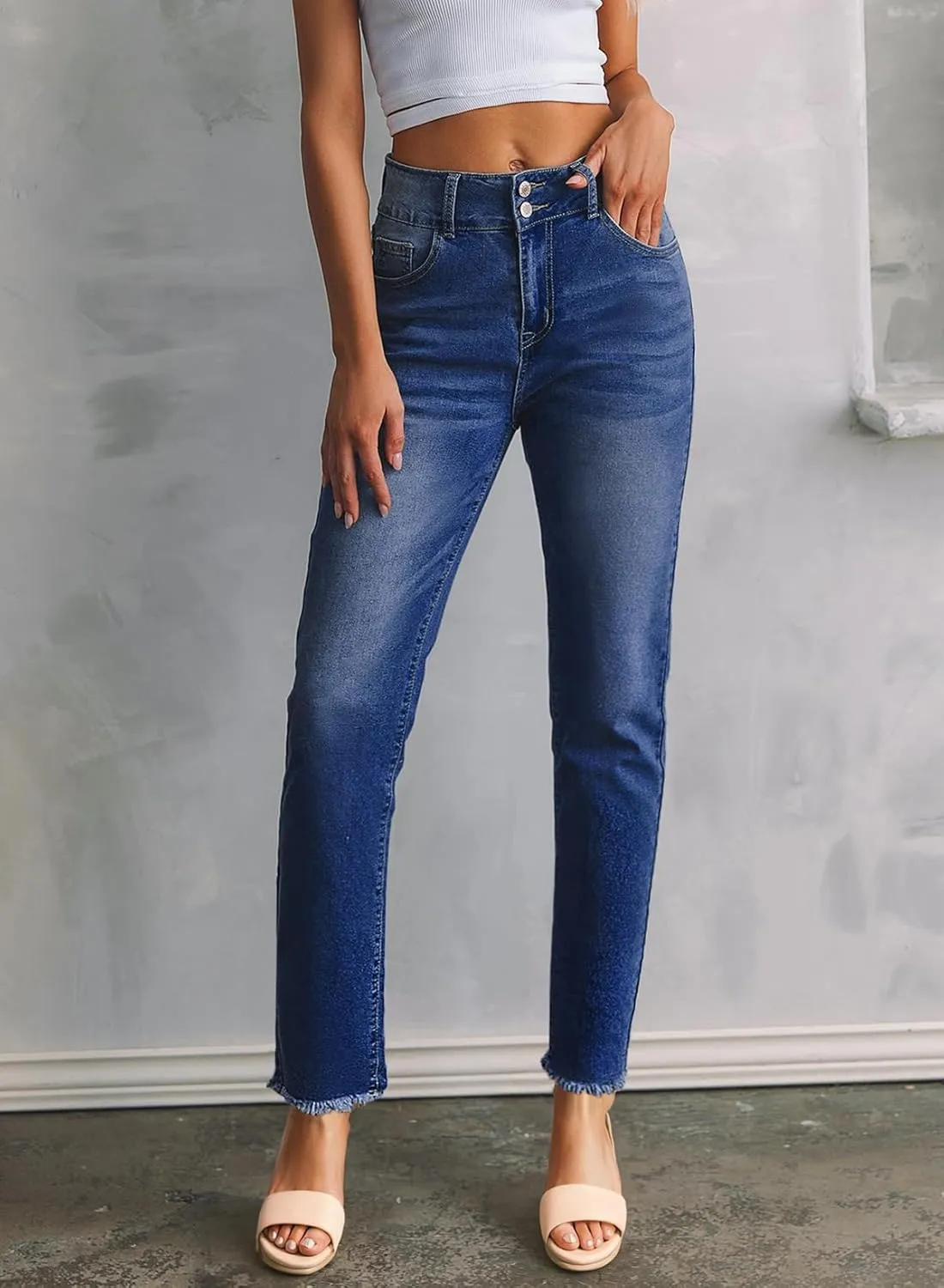 Sidefeel Women's High Waisted Jeans Strechy Fashion Raw Hem Straight Leg Ankle Denim Pants with Pockets