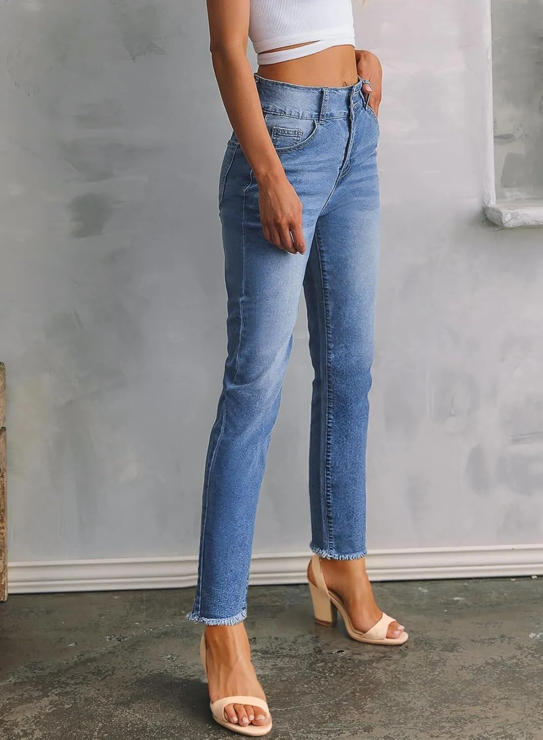 Sidefeel Women's High Waisted Jeans Strechy Fashion Raw Hem Straight Leg Ankle Denim Pants with Pockets