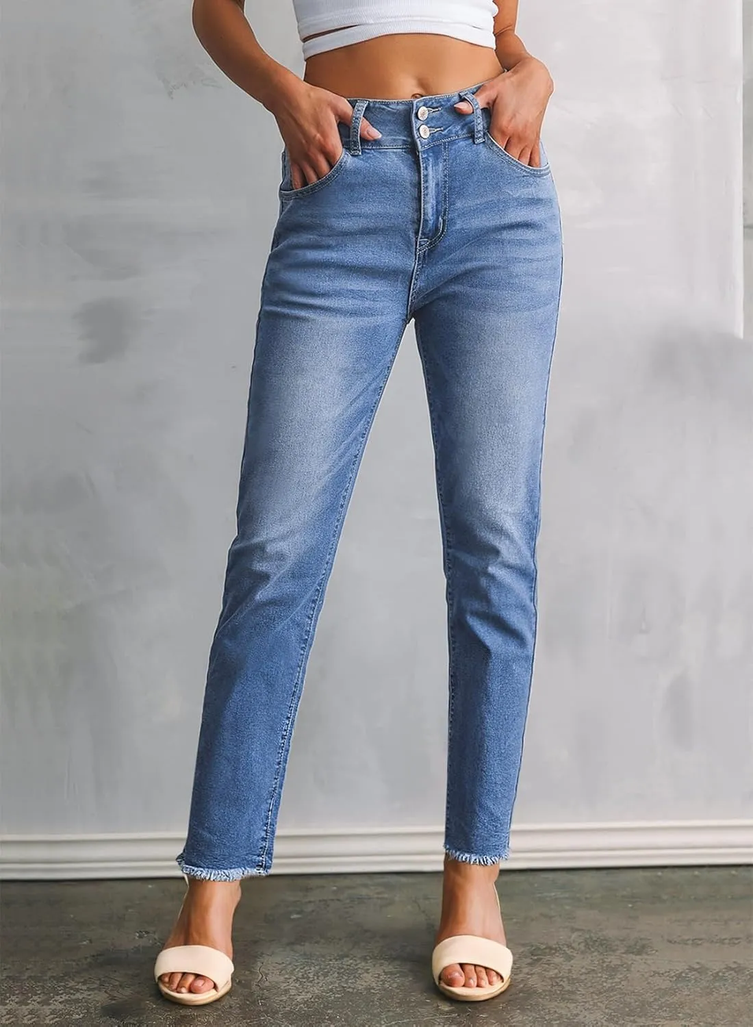 Sidefeel Women's High Waisted Jeans Strechy Fashion Raw Hem Straight Leg Ankle Denim Pants with Pockets