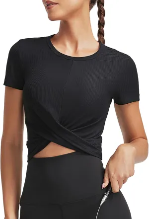 Summer Crop Tops for Women Ribbed Solid Short Sleeve Twist Front Tee T-Shirt