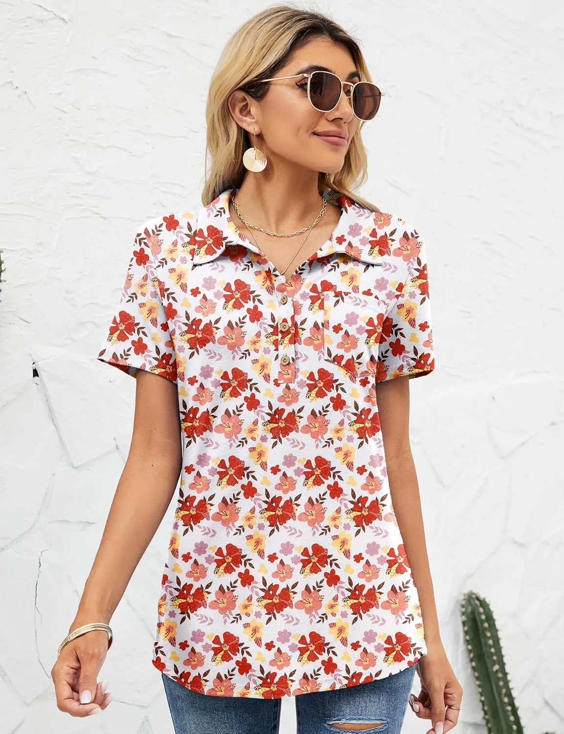 TFSDOD Womens Short Sleeve Polo T Shirts Business Casual Collared V Neck Button Down Tunics Tops with Pocket