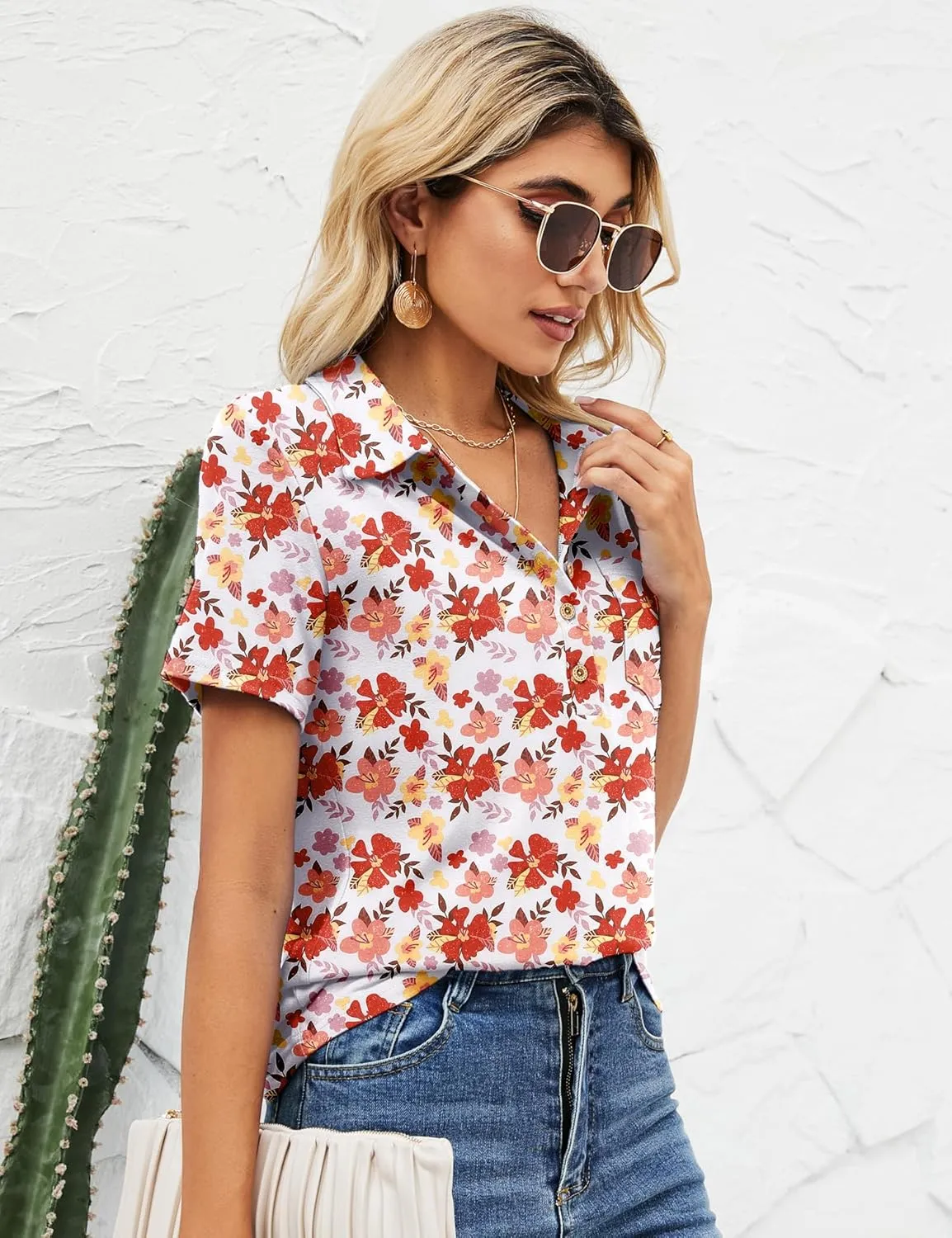 TFSDOD Womens Short Sleeve Polo T Shirts Business Casual Collared V Neck Button Down Tunics Tops with Pocket