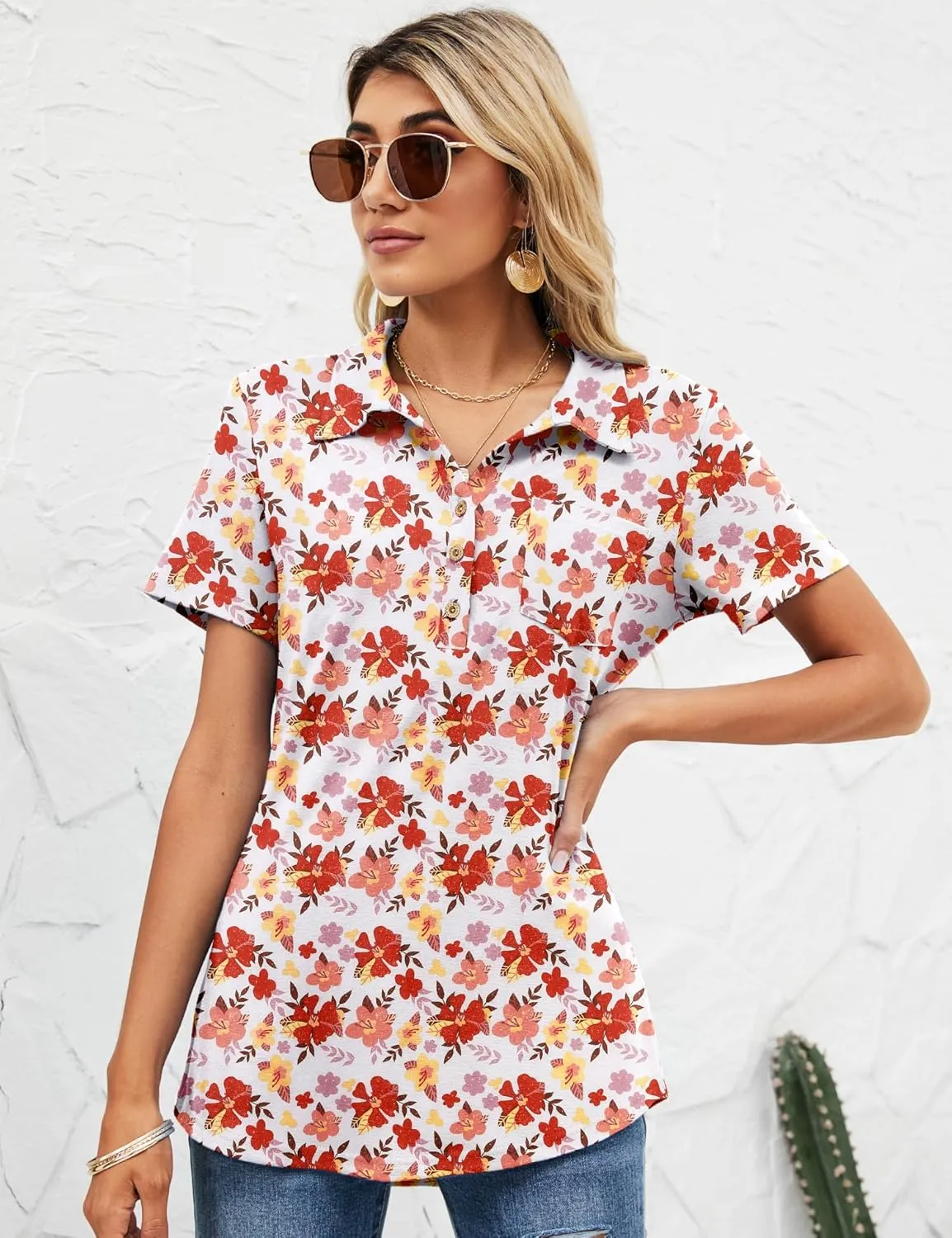 TFSDOD Womens Short Sleeve Polo T Shirts Business Casual Collared V Neck Button Down Tunics Tops with Pocket