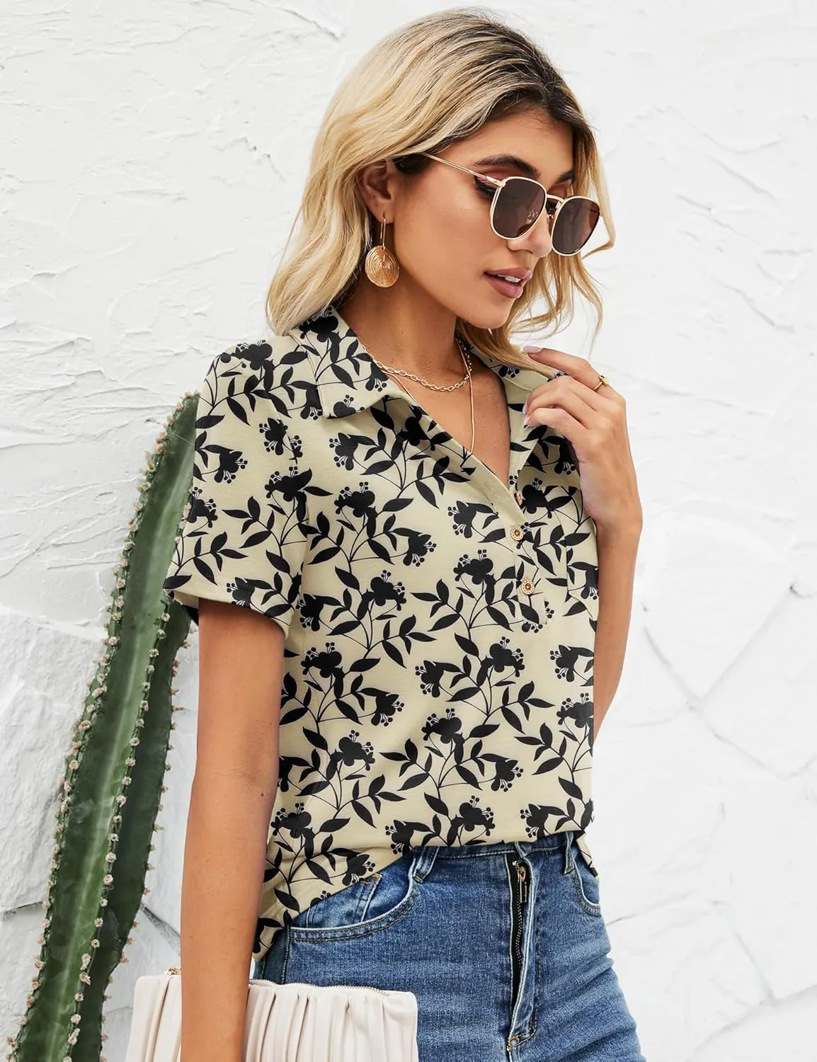 TFSDOD Womens Short Sleeve Polo T Shirts Business Casual Collared V Neck Button Down Tunics Tops with Pocket
