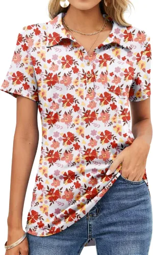 TFSDOD Womens Short Sleeve Polo T Shirts Business Casual Collared V Neck Button Down Tunics Tops with Pocket