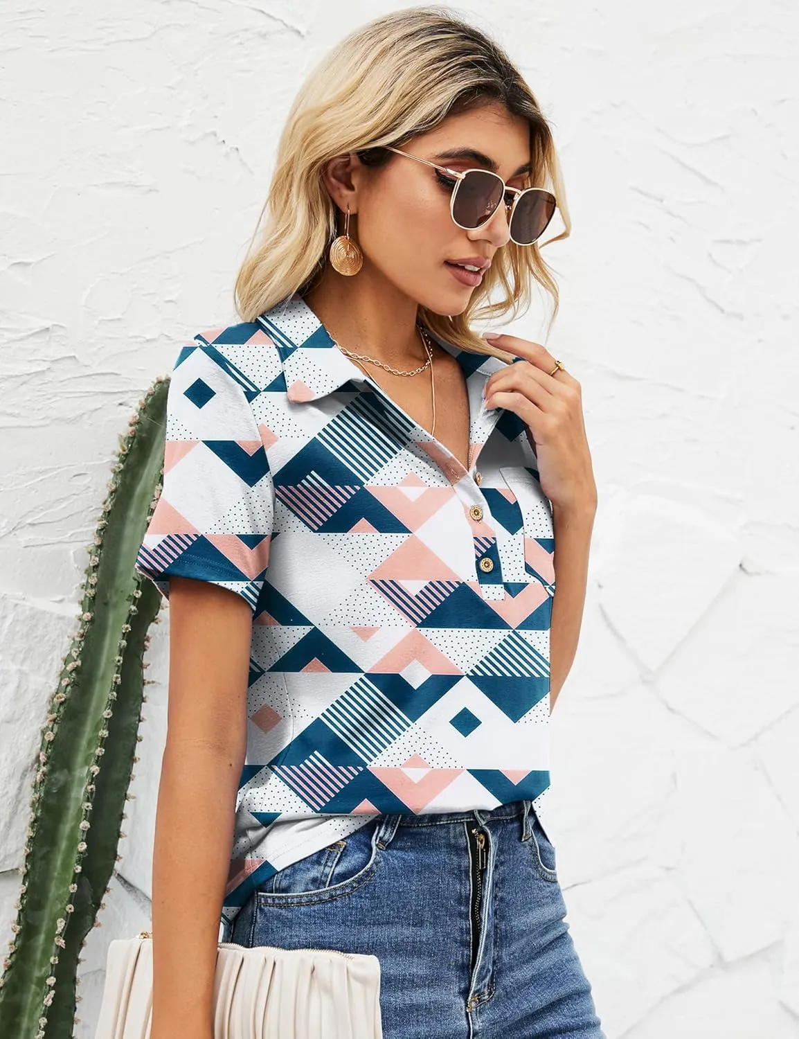 TFSDOD Womens Short Sleeve Polo T Shirts V Neck Business Casual Collared Button Down Tunics Office Work Tops with Pocket