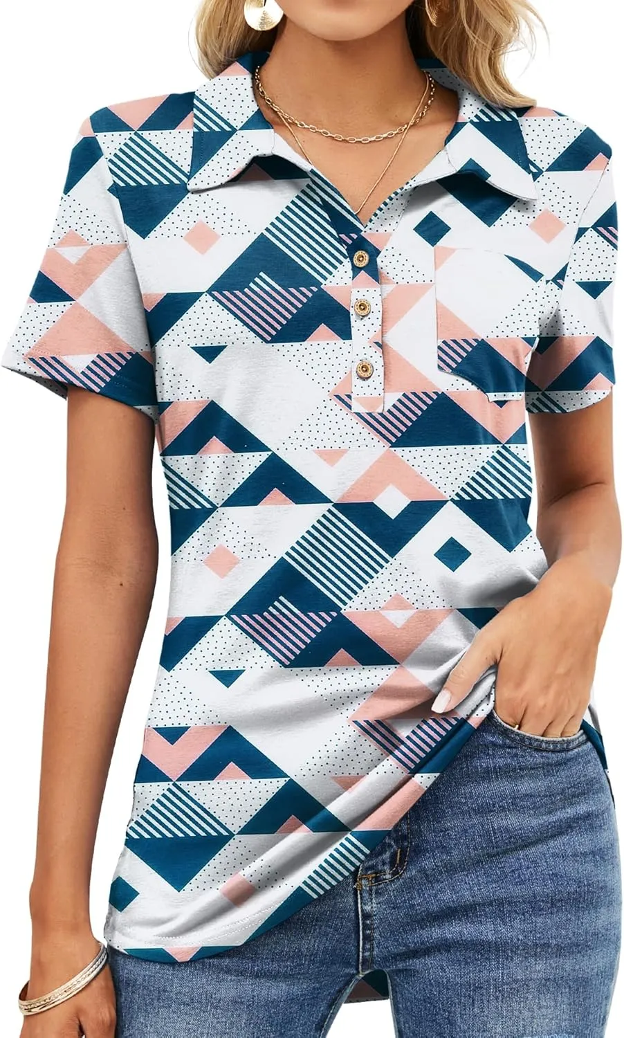 TFSDOD Womens Short Sleeve Polo T Shirts V Neck Business Casual Collared Button Down Tunics Office Work Tops with Pocket