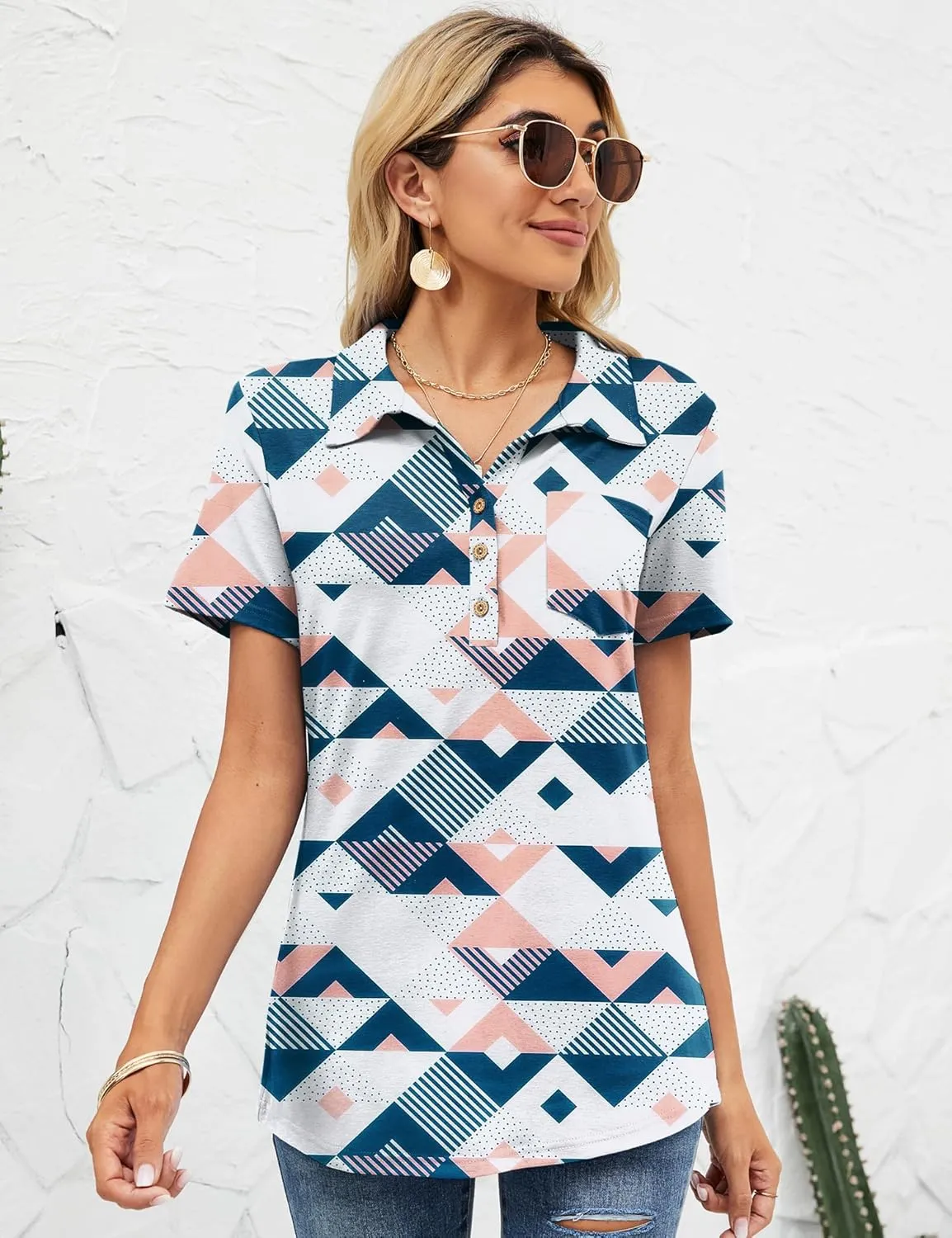 TFSDOD Womens Short Sleeve Polo T Shirts V Neck Business Casual Collared Button Down Tunics Office Work Tops with Pocket