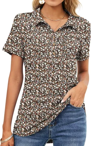 TFSDOD Womens Short Sleeve Polo T Shirts V Neck Business Casual Collared Button Down Tunics Office Work Tops with Pocket