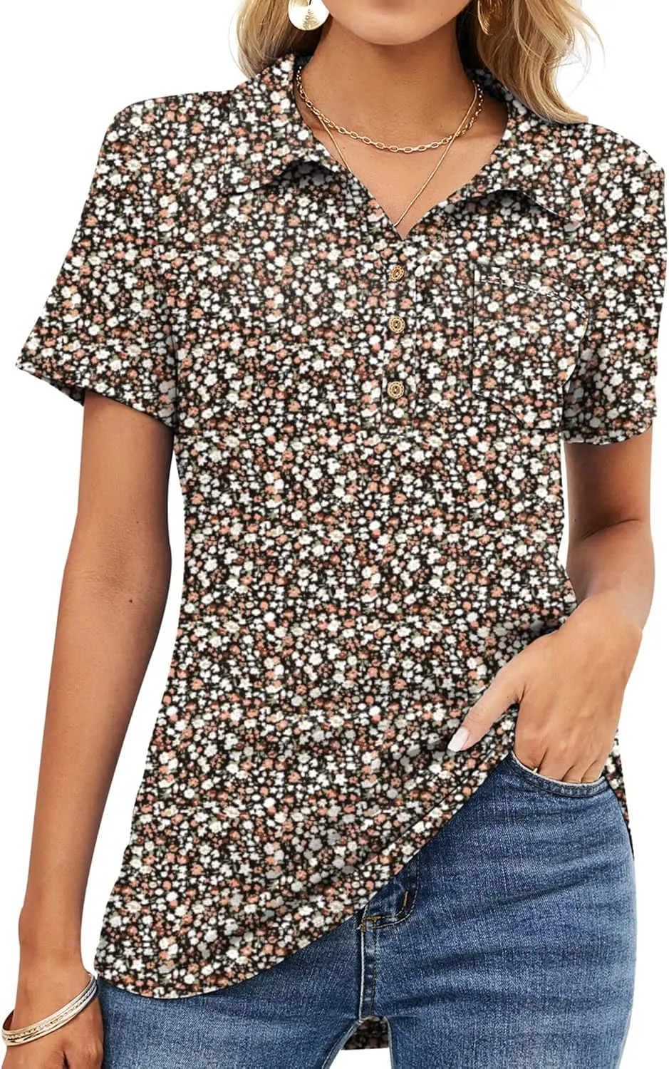 TFSDOD Womens Short Sleeve Polo T Shirts V Neck Business Casual Collared Button Down Tunics Office Work Tops with Pocket