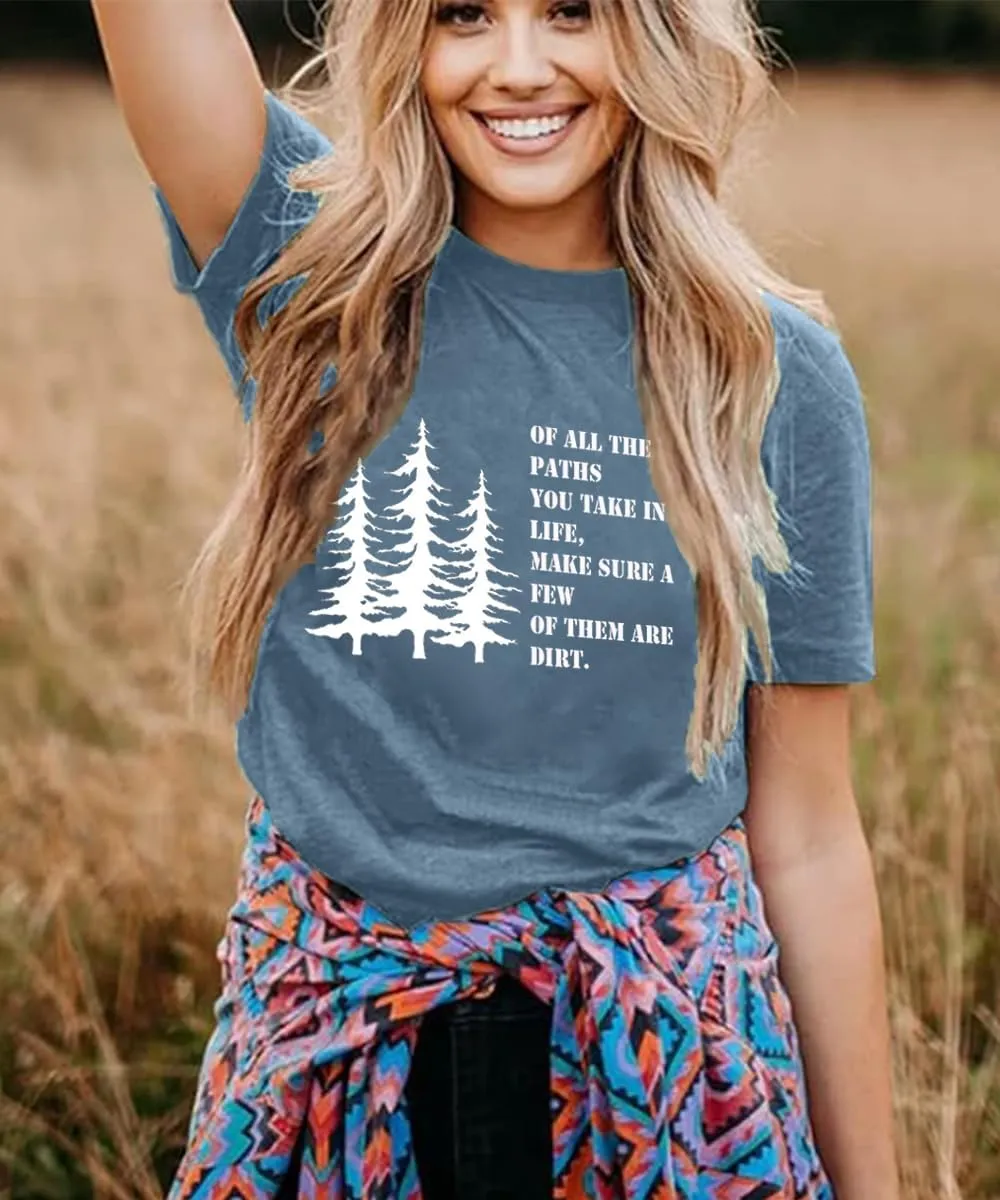 Women Hiking Mountain T Shirt Funny Pine Tree Graphic Tee Summer Outdoor Workout Soft Short Sleeve Close to Nature T-Shirts