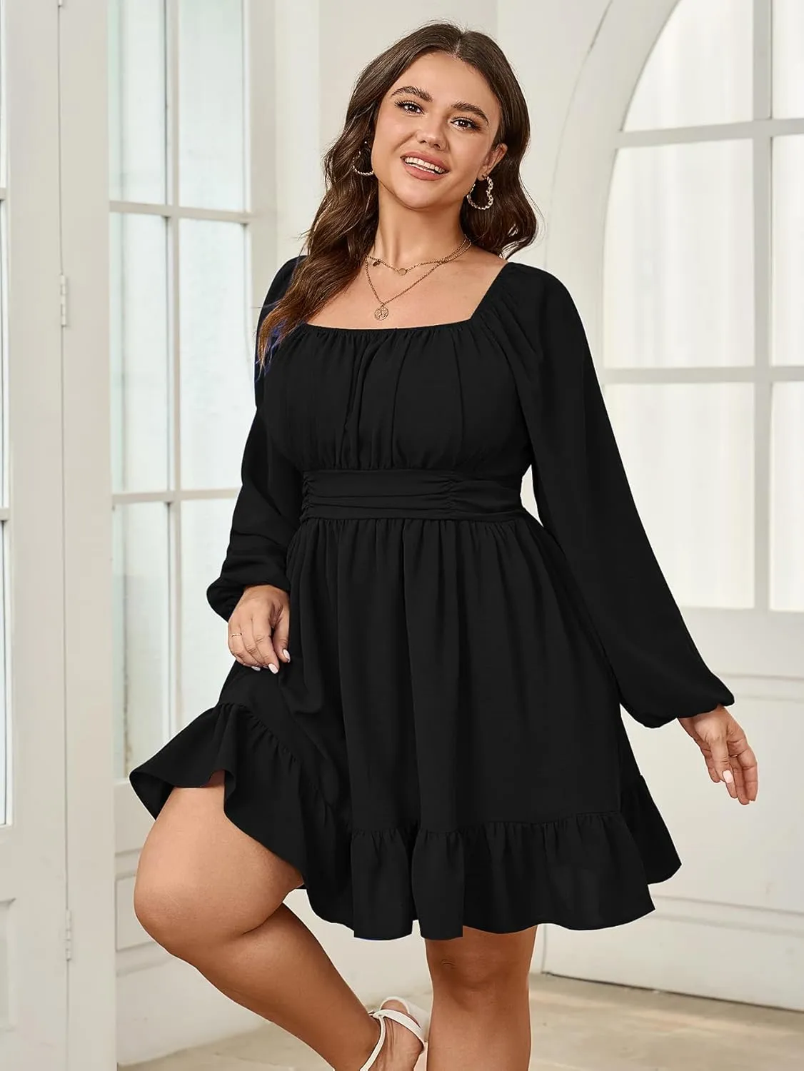 Womens Plus Size Dress Long Lantern Sleeve Square Neck Elastic Waist A-Line Mini Short Dress