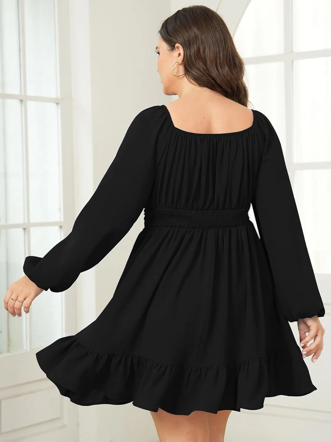 Womens Plus Size Dress Long Lantern Sleeve Square Neck Elastic Waist A-Line Mini Short Dress