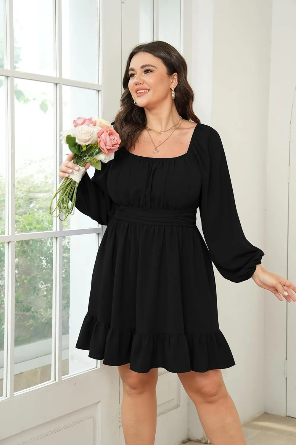 Womens Plus Size Dress Long Lantern Sleeve Square Neck Elastic Waist A-Line Mini Short Dress