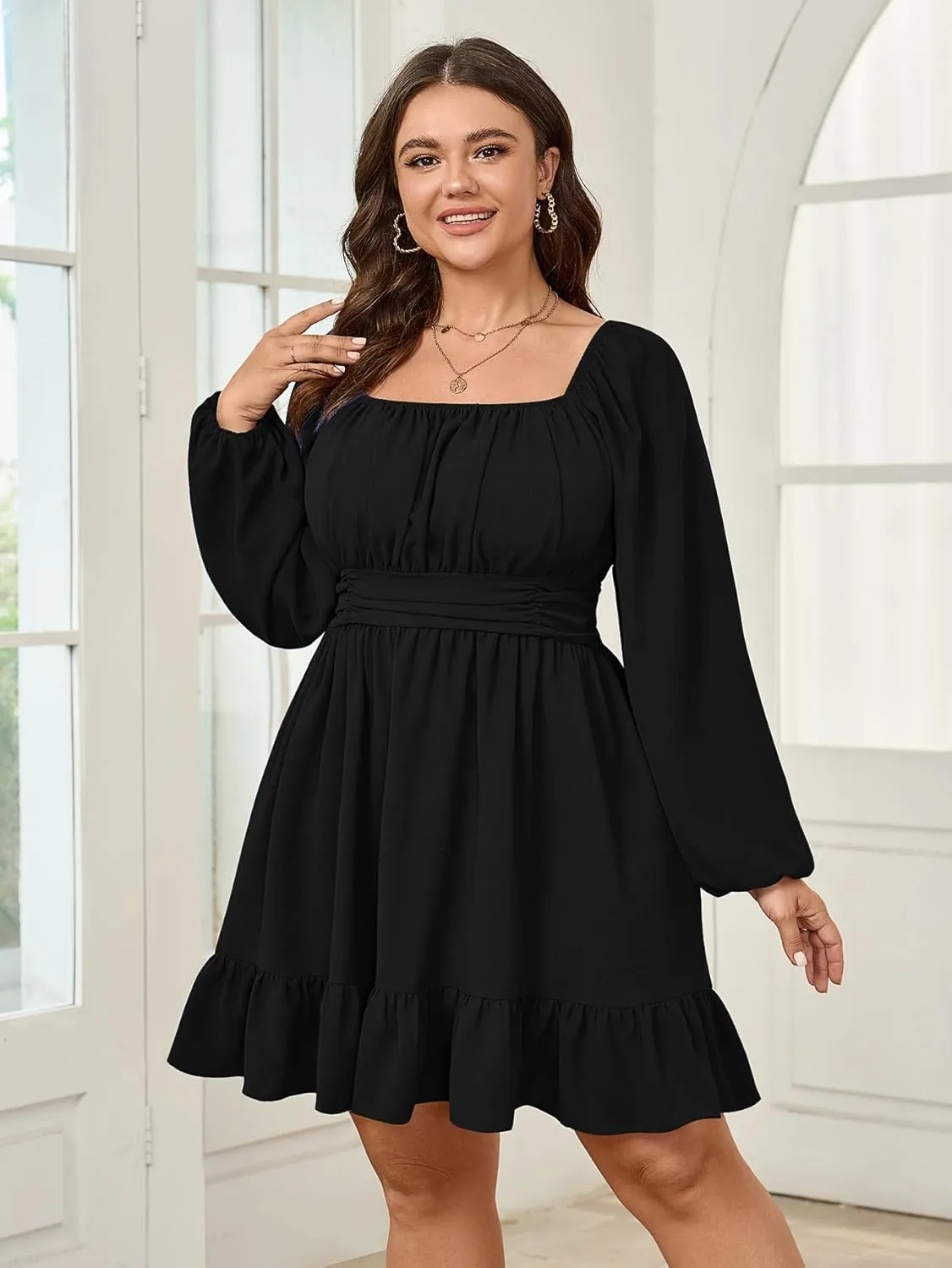 Womens Plus Size Dress Long Lantern Sleeve Square Neck Elastic Waist A-Line Mini Short Dress