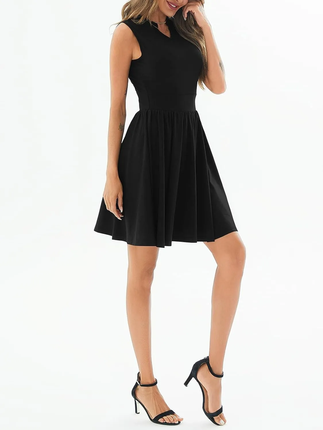 Women's Retro Sleeveless V Neck Swing Casual Work Summer Party Dress Pleated Beach Midi Swing Dresses