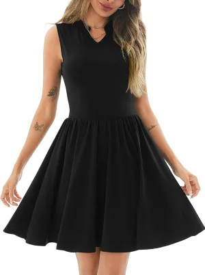 Women's Retro Sleeveless V Neck Swing Casual Work Summer Party Dress Pleated Beach Midi Swing Dresses