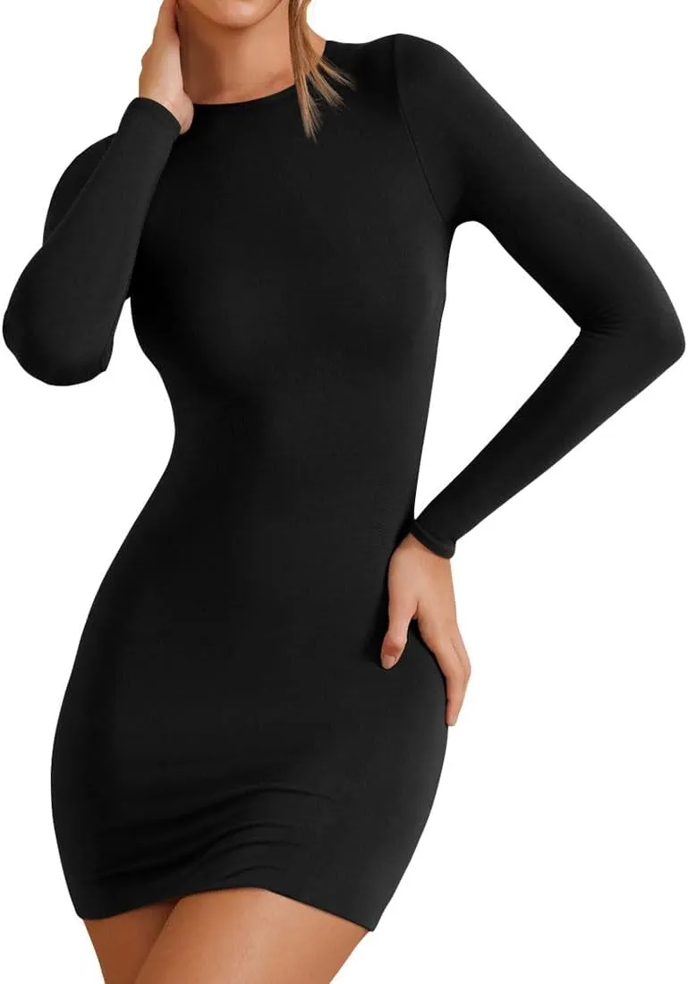 YFANG Women's Basic Round Neck Long Sleeve Bodycon Dress Sexy Slim Fitted Going Out Stretchy Mini Dress