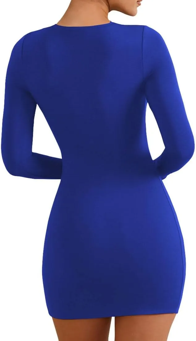YFANG Women's Basic Round Neck Long Sleeve Bodycon Dress Sexy Slim Fitted Going Out Stretchy Mini Dress