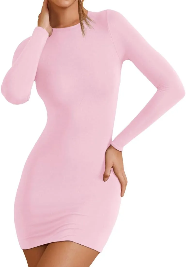 YFANG Women's Basic Round Neck Long Sleeve Bodycon Dress Sexy Slim Fitted Going Out Stretchy Mini Dress