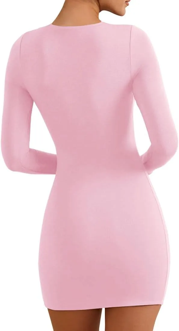 YFANG Women's Basic Round Neck Long Sleeve Bodycon Dress Sexy Slim Fitted Going Out Stretchy Mini Dress