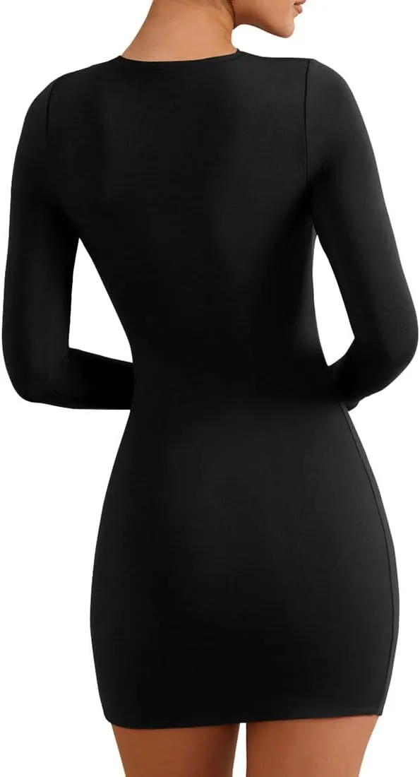 YFANG Women's Basic Round Neck Long Sleeve Bodycon Dress Sexy Slim Fitted Going Out Stretchy Mini Dress