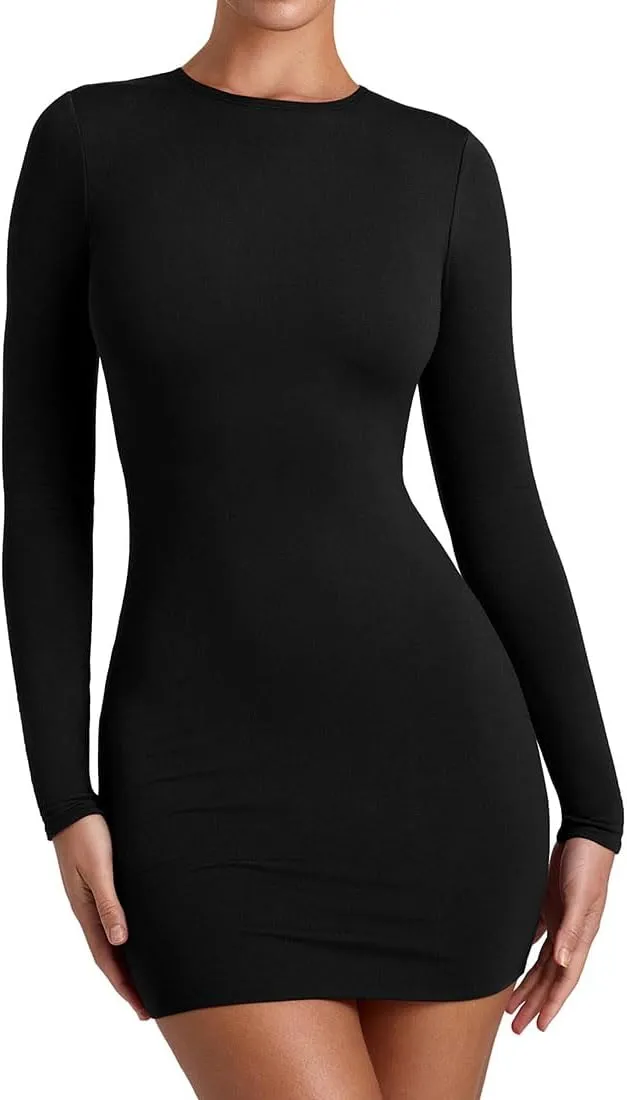 YFANG Women's Basic Round Neck Long Sleeve Bodycon Dress Sexy Slim Fitted Going Out Stretchy Mini Dress