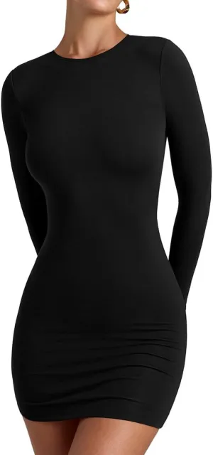 YFANG Women's Basic Round Neck Long Sleeve Bodycon Dress Sexy Slim Fitted Going Out Stretchy Mini Dress