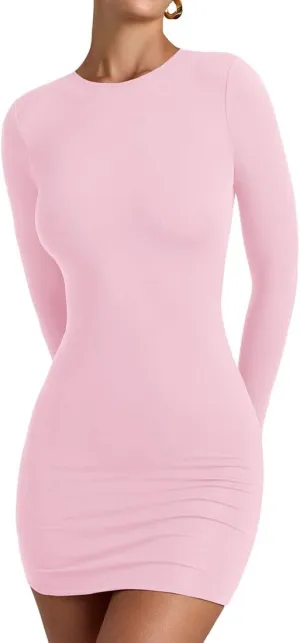 YFANG Women's Basic Round Neck Long Sleeve Bodycon Dress Sexy Slim Fitted Going Out Stretchy Mini Dress